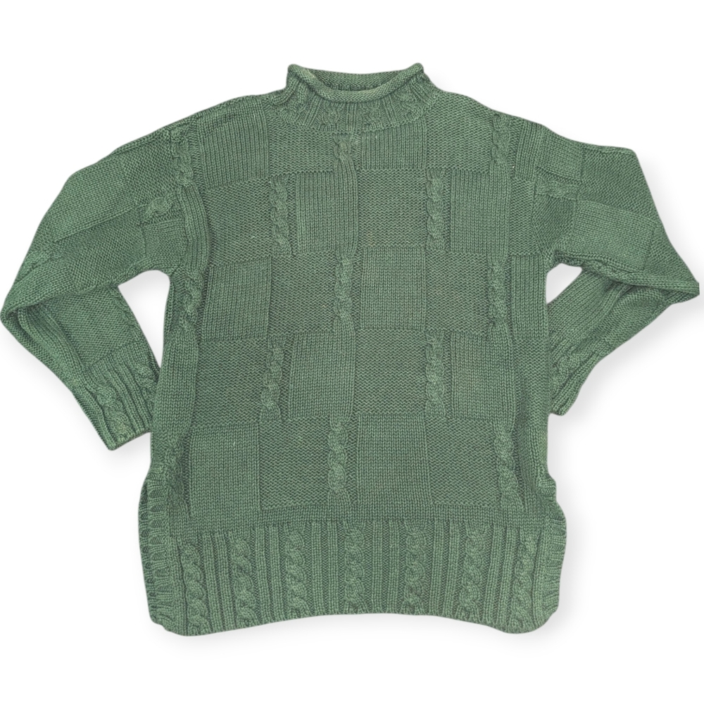 Vtg Yarnworks Petite Green Chunky Cable Knit Turtle Sweater XS Grandma Cottageco